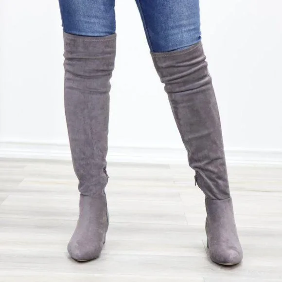 Pointy Toe Over The Knee Gray Boots Faux Suede - Picture 11 of 12
